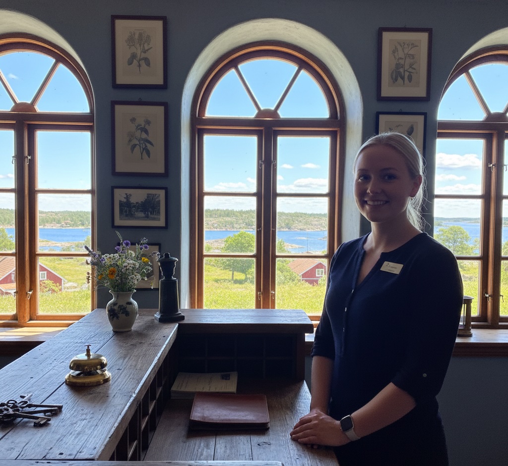Hotel reception desk with staff